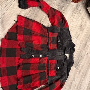 JK Designs Red and Black Plaid Jean Jacket